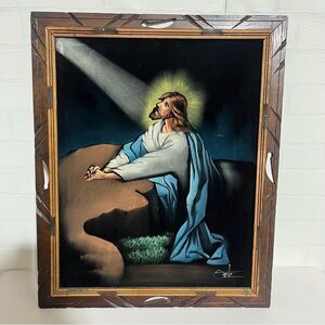Framed Jesus Wall Art with Blue and Brown Accents made in Mexico